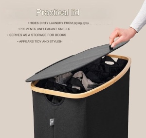 Cos de rufe Hennez cu 3 compartimente, premium, cu capac, sistem sortare, negru, 150 L, Resigilat, Grad A - Img 2
