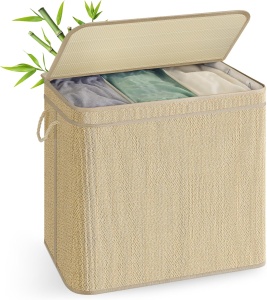 Cos pentru rufe cu 3 compartimente Songmics, bambus/textil/metal, natur, 66 x 43 x 61 cm, Resigilat, Grad A