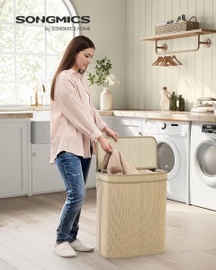 Cos pentru rufe Songmics, bambus/metal/piele PU, natur, 48 x 32 x 61 cm, 90L, Resigilat, Grad A - Img 5