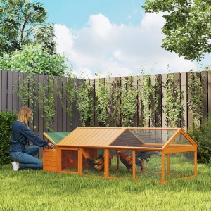 Cotet pentru gaini cu acoperis rabatabil si usa larga, lemn de brad/plasa metalica, 240x112.5x76 cm, streasina 49cm, cuib 37.5x93x43cm, usa 44x43cm, potrivit 4-8 gaini, portocaliu - Verificat A · Re-Bloom - Img 2