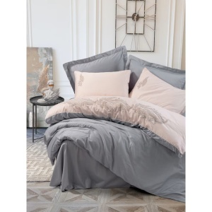 Cotton Box Sheen Grey set lenjerie pat dublu premium, satin bumbac 100% 211TC, 6 piese: cearsaf 240x260 cm + husa pilota 200x220 cm + 2x fete perna tighel 50x70 cm + 2x fete perna Oxford 50x70 cm, broderie, gri - Verificat A · Re-Bloom