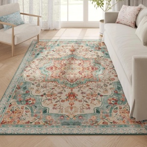 Covor vintage floral, textil, 160x230 cm, stil oriental, antiderapant, turcoaz/bej/roz - Verificat A · Re-Bloom