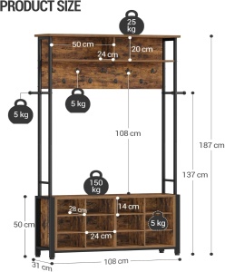 Cuier Hzuaneri, otel/PAL, negru/maro rustic, 31 x 107 x 187 cm, Resigilat, Grad A - Img 3