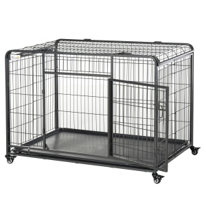 Cusca pentru caini pliabila cu roti si baza detasabila, metal/PP, 125x76x81 cm, tava 119x74x3 cm, usa frontala 54x56 cm, capacitate 80kg, gri inchis - Verificat A · Re-Bloom