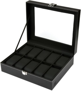 Cutie de depozitare cu capac de sticla pentru 10 ceasuri H&S, sticla/piele PU, negru, 22,5 x 7,5 x 20,5 cm, Resigilat, Grad A