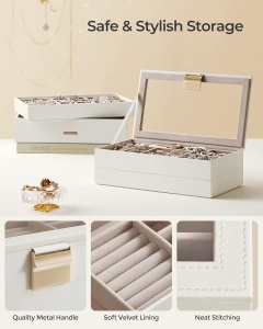 Cutie pentru bijuterii Songmics, MDF/metal/sticla, alb, 28 x 17 x 18,3 cm, Resigilat, Grad A - Img 2