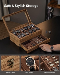 Cutie pentru ceasuri Songmics, lemn masiv/sticla, maro rustic, 34 x 19 x 12,5 cm, Resigilat, Grad A - Img 3