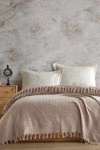 Cuvertura de pat cu ciucuri, bumbac 100%, 200x220 cm, lavabil 40°C, bej - Verificat A · Re-Bloom - Img 1