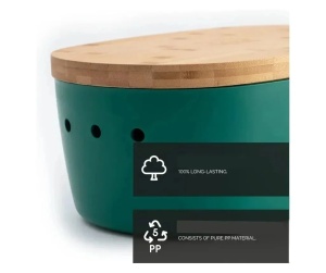 Dolce Mare cutie paine polipropilena alimentara, 38.1x25.4x15.2 cm, capac bambus cu tocator, gauri ventilatie, verde/natur - Verificat A · Re-Bloom - Img 3