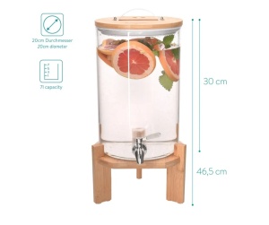 Dozator bauturi sticla borosilicata cu stand bambus, 7L, Ø20x30cm, inaltime totala 46.5cm, 3.5kg, robinet inox/silicon, capac bambus/inox, transparent/natur - Verificat A · Re-Bloom - Img 2