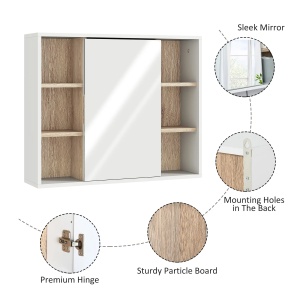 Dulap cu oglinda pentru baie, MDF/PAL/sticla, alb/natur, 60 x 14,5 x 49,4 cm, Resigilat, Grad A - Img 2