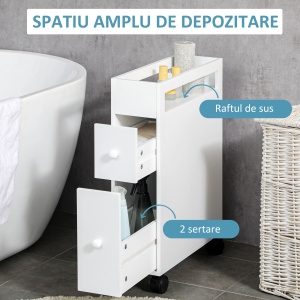 Dulap de depozitare pentru baie, cu roti, MDF, alb, 16 x 49,5 x 66 cm, Resigilat, Grad A - Img 3