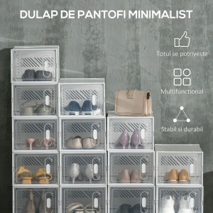 Dulap de pantofi modular, 18 cutii PP transparente, 25x35x19 cm/cutie, usi magnetice, orificii ventilatie, stivuibil, marime max EU43, 8kg, transparent/alb - Verificat A · Re-Bloom - Img 4