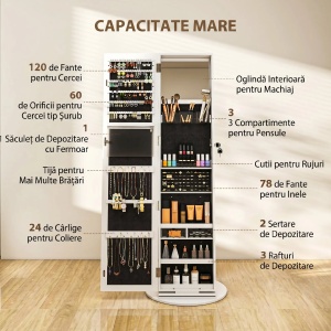 Dulap pentru bijuterii 3 in 1 rotativ 360° Re-Bloom, MDF/sticla, 55x55x161 cm, oglinda 25.7x144.2 cm, usa cu cheie, 15 kg, alb/negru - Verificat A · Re-Bloom - Img 5