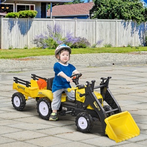 Excavator cu pedale pentru copii, metal/plastic, 167x41x52 cm, cupa frontala rotativa, remorca detasabila, 6 roti, capacitate 35kg, varsta 3+ ani, galben - Verificat A · Re-Bloom - Img 2