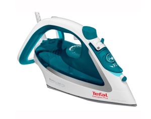 Fier de calcat Tefal EasyGliss Plus FV5718E0, 2500W, jet de abur 195 g/min, abur variabil 0-45 g/min, rezervor apa 270 ml, talpa Durilium AirGlide, functie calcare verticala, autosteam, antipicurare, alb & turcoaz, Resigilat, Grad B