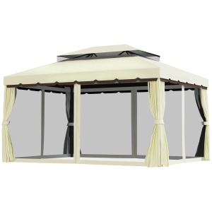 Foisor de gradina 4x3 m Re-Bloom, aluminiu/poliester/plasa nylon, 390x290x270 cm, acoperis dublu anti-UV, plasa tantari+perdele incluse, stresina 195 cm, crem/maro - Verificat A · Re-Bloom - Img 2