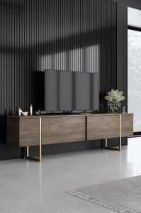 Forme XL set 3 piese living, comoda TV 180cm, masuta cafea 90cm, comoda 160cm, PAL 18mm, picioare metal, nuc si auriu - Verificat A · Re-Bloom - Img 6