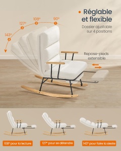 Fotoliu balansoar Songmics, otel/lemn masiv/textil, crem/negru/natur, 97 x 48 x 100 cm, Resigilat, Grad A - Img 2