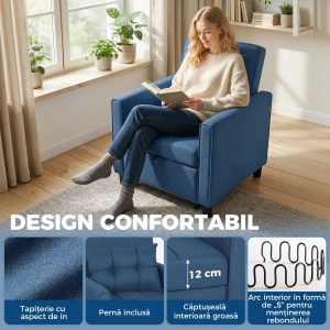 Fotoliu reclinabil Re-Bloom, textil efect in/otel/eucalipt/spuma, fotoliu 69x82x85 cm, pat 53x170x45 cm, perna inclusa, 150 kg, albastru - Verificat A · Re-Bloom - Img 6