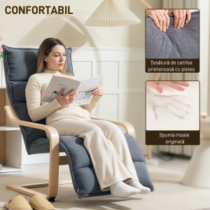 Fotoliu relaxant cu suport pentru picioare reglabil, catifea poliester/lemn mesteacan/spuma, 67x93-114x105 cm, sezut 55x45x45cm, capacitate 120kg, gri inchis/natur - Verificat A · Re-Bloom - Img 6