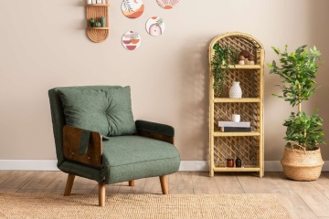 Futon fotoliu extensibil 77x70x82 cm, pat 190x70 cm, spatar 14 pozitii, tapiterie poliester, cadru metal, brate lemn, verde - Verificat A · Re-Bloom - Img 2