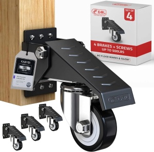 GBL set 4 roti banc de lucru, otel/poliuretan, pivotante 360°, cu frane pedala, ridicare ~19mm, capacitate 225kg, accesorii montaj incluse, negru - Verificat A · Re-Bloom