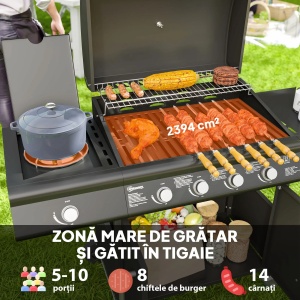 Gratar pe gaz cu arzator lateral, masuta si dulap, otel inoxidabil/PP, 129.5x56x110 cm, arzator principal 3kW + lateral 3.2kW, propan/butan, 3 gratare + gratar incalzire + regulator + furtun incluse, negru - Verificat A · Re-Bloom - Img 5