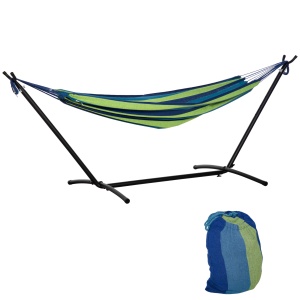 Hamac suspendat cu suport Re-Bloom, bumbac sintetic/metal, negru/verde/albastru, 310 x 117 x 105 cm, Resigilat, Grad A