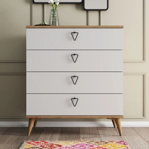 Hanah Home comoda, PAL melaminat 18mm, 80x45x90.8 cm, 4 sertare, multiple rafturi, picioare plastic, fixare perete, stejar/alb - Verificat A · Re-Bloom - Img 2
