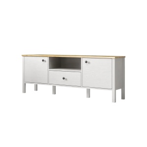 Hanah Home comoda TV living 150x58x35 cm, PAL 18mm, cant 0.8mm, picioare MDF, manere metal, lemn si alb - Verificat A · Re-Bloom
