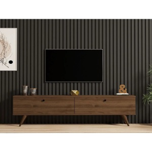Hanah Home comoda TV living 160x40x25 cm, PAL 18mm, rafturi multiple, picioare lemn, nuc - Verificat A · Re-Bloom - Img 5