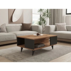 Hanah Home masa de cafea 2 niveluri 90x60x39.5 cm, PAL 18mm, raft 20.4cm, design inspirat de marmura, nuc si negru - Verificat A · Re-Bloom - Img 3