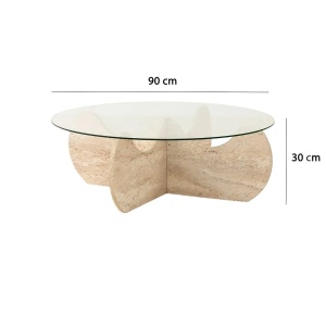 Hanah Home masa de cafea rotunda 90x30 cm, blat sticla, baza PAL melaminat, travertin - Verificat A · Re-Bloom - Img 4