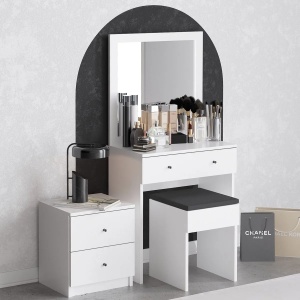 Hanah Home masa de machiaj 65x35x139 cm, PAL 18mm, oglinda inclusa, scaun inclus, fixabil perete, alb - Verificat A · Re-Bloom - Img 3