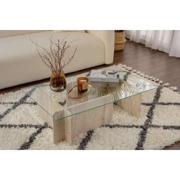 Hanah Home masuta de cafea 105x65x30 cm, blat sticla calita 100%, cadru PAL 18mm melaminat, travertin - Verificat A · Re-Bloom - Img 3