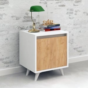 Hanah Home noptiera dormitor 45x40x52 cm, PAL 18mm, rafturi multiple, picioare stil scandinav, stejar si alb - Verificat A · Re-Bloom - Img 3