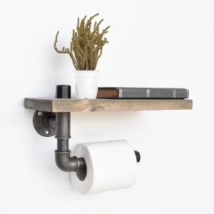 Hanah Home raft de perete cu tevi, lemn molid 100%/metal, 30x14x12 cm, capacitate 1.05 kg, negru/nuc - Verificat A · Re-Bloom - Img 4