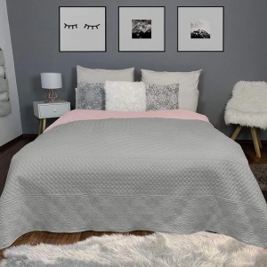HOMELEVEL cuvertura pat/canapea reversibila, matlasata, poliester, 200x220cm, Roz/Gri - Verificat A · Re-Bloom