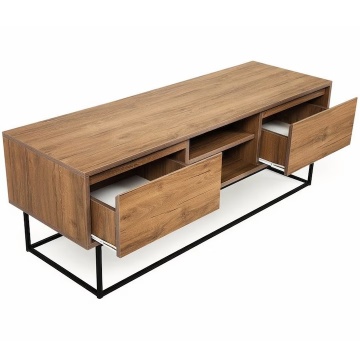 Kalune Design Angelina comoda TV 140x40x50 cm, PAL 18mm laminat, 2 sertare, picioare metal 22cm, rafturi multiple, fixabil perete, nuc si negru - Verificat A · Re-Bloom - Img 3