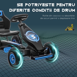Kart cu pedale pentru copii cu scaun reglabil si frana de mana, PP/metal, 121x58x61 cm, scaun 35x28x35cm, roti cauciuc Φ28cm, capacitate 50kg, certificat EN71, varsta 3+/recomandat 5-12 ani, albastru/negru - Verificat A · Re-Bloom - Img 4