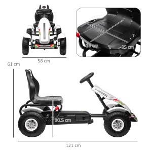 Kart cu pedale pentru copii, PP/metal, 121x58x61 cm, scaun reglabil 35x28x30.5cm, roti cauciuc Φ26cm, capacitate 50kg, certificat EN71, varsta 3+/recomandat 5-12 ani, alb/negru - Verificat A · Re-Bloom - Img 3