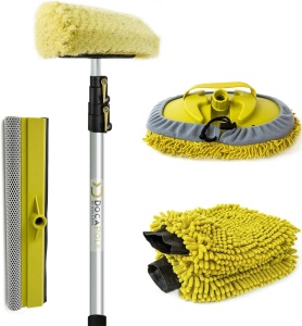 Kit de curatare auto DOCA, tija telescopica si 5 accesorii, aluminiu/microfibra, galben/argintiu