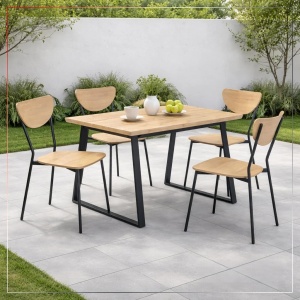 Kiwari Oka set masa + 4 scaune, MDF/metal, masa 110x70x75cm 16kg + scaune 44x45x82cm 3kg, capacitate masa 30kg/scaun 100kg, stejar natural/negru - Verificat A · Re-Bloom - Img 2