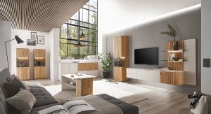 Lazori raft perete LED 82x133x28 cm, 2 rafturi sticla, panou stejar masiv uleiat, suport MDF lacuit, alb/stejar bianco - Verificat A · Re-Bloom - Img 3