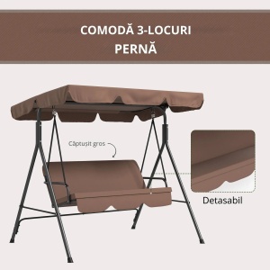 Leagan de gradina 3 locuri cu baldachin Re-Bloom, otel/poliester/bumbac, 172x110x153 cm, sezut 132x48x50 cm, 200 kg, maro/negru - Verificat A · Re-Bloom - Img 6