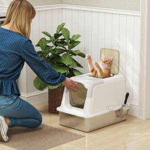 Litiera pisici 2 intrari 60.4x40.4x41.8 cm, tava inox 201, intrare frontala + iesire superioara, zona captare nisip, alb/gri - Verificat A · Re-Bloom - Img 2