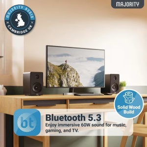 Majority D40 boxe PC active 2.0 Bluetooth HiFi, 60W, intrare optica/RCA/USB/AUX, drivere 4", dulap lemn masiv, telecomanda inclusa - Verificat A · Re-Bloom - Img 5