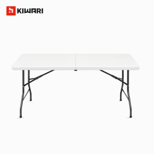 Masa plianta 150x70 cm – Masa dreptunghiulara pentru evenimente si catering, design pliabil cu maner de transport, picioare metalice rezistente, blat HDPE, alb, Resigilat, Grad A - Img 4