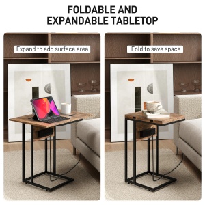 Masuta de cafea extensibila tip C cu 2 statii incarcare Re-Bloom, MDF/metal, 39x29x57 cm, blat 39x29-58 cm, USB+USB-C 5V2A, 10 kg, maro rustic/negru - Verificat A · Re-Bloom - Img 6
